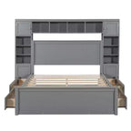 Lit en bois Queen Size avec étagère de rangement tout-en-un et prises de courant gris