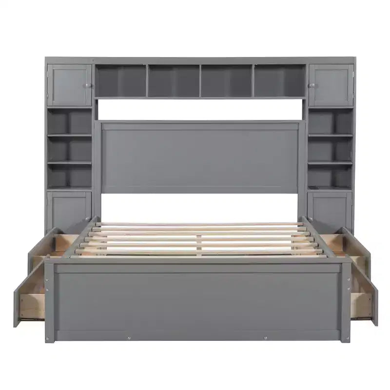 Lit en bois Queen Size avec étagère de rangement tout-en-un et prises de courant gris
