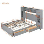 Lit en bois Queen Size avec étagère de rangement tout-en-un et prises de courant gris