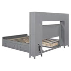 Lit en bois Queen Size avec étagère de rangement tout-en-un et prises de courant gris