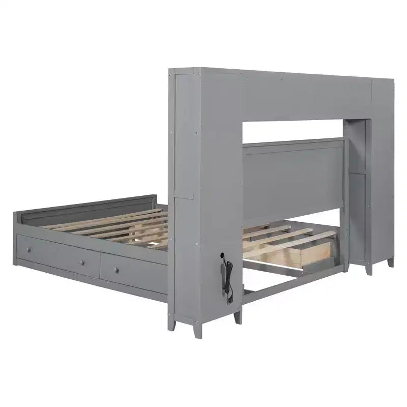 Lit en bois Queen Size avec étagère de rangement tout-en-un et prises de courant gris