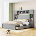 Queen Size Wooden Bed With All-in-One Cabinet Shelf and Sockets Gray