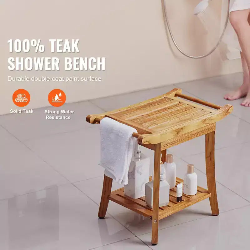 Banc de douche en teck VEVOR, 55,9 x 36,6 x 47 cm, tabouret de douche en bois étanche avec étagère de rangement, capacité de charge maximale de 136 kg, teck naturel