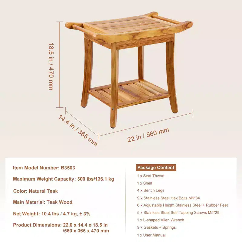 Banc de douche en teck VEVOR, 55,9 x 36,6 x 47 cm, tabouret de douche en bois étanche avec étagère de rangement, capacité de charge maximale de 136 kg, teck naturel