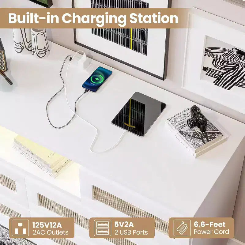 CuisinSmart Commode Moderne en Rotin, Commode LED avec Station de Charge, Commodes et Tiroirs en Bois avec 6 Tiroirs, Meuble TV pour Placard