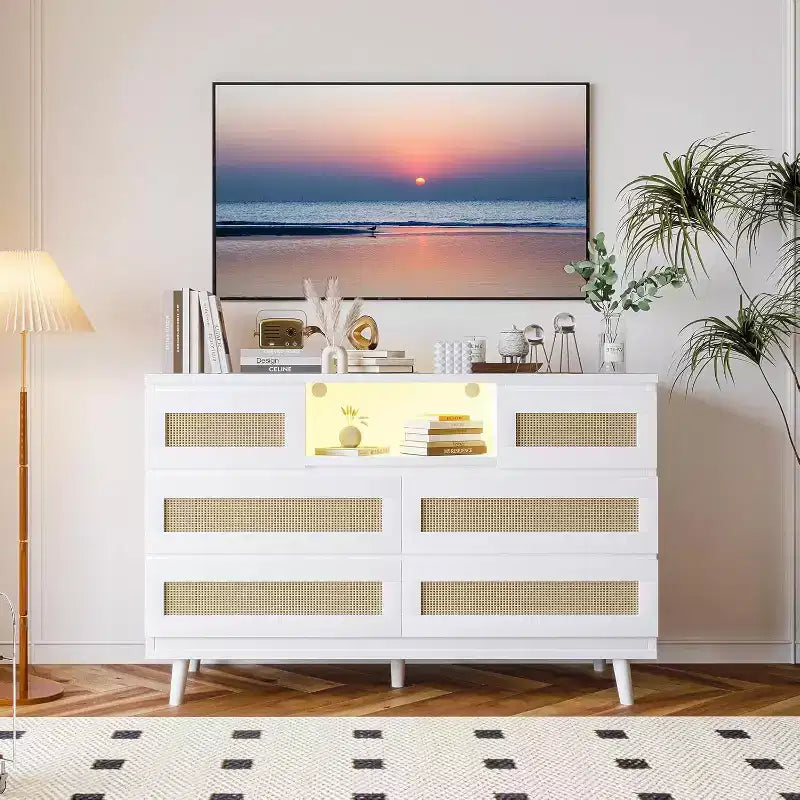 CuisinSmart Commode Moderne en Rotin, Commode LED avec Station de Charge, Commodes et Tiroirs en Bois avec 6 Tiroirs, Meuble TV pour Placard