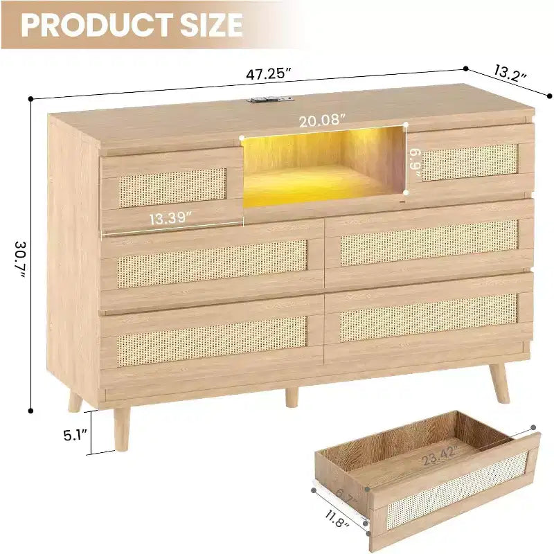 CuisinSmart Commode Moderne en Rotin, Commode LED avec Station de Charge, Commodes et Tiroirs en Bois avec 6 Tiroirs, Meuble TV pour Placard