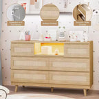 CuisinSmart Commode Moderne en Rotin, Commode LED avec Station de Charge, Commodes et Tiroirs en Bois avec 6 Tiroirs, Meuble TV pour Placard