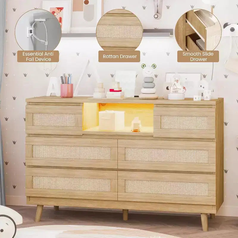 CuisinSmart Commode Moderne en Rotin, Commode LED avec Station de Charge, Commodes et Tiroirs en Bois avec 6 Tiroirs, Meuble TV pour Placard
