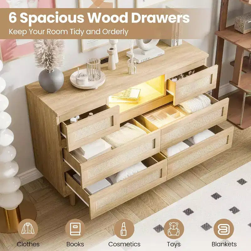 CuisinSmart Commode Moderne en Rotin, Commode LED avec Station de Charge, Commodes et Tiroirs en Bois avec 6 Tiroirs, Meuble TV pour Placard