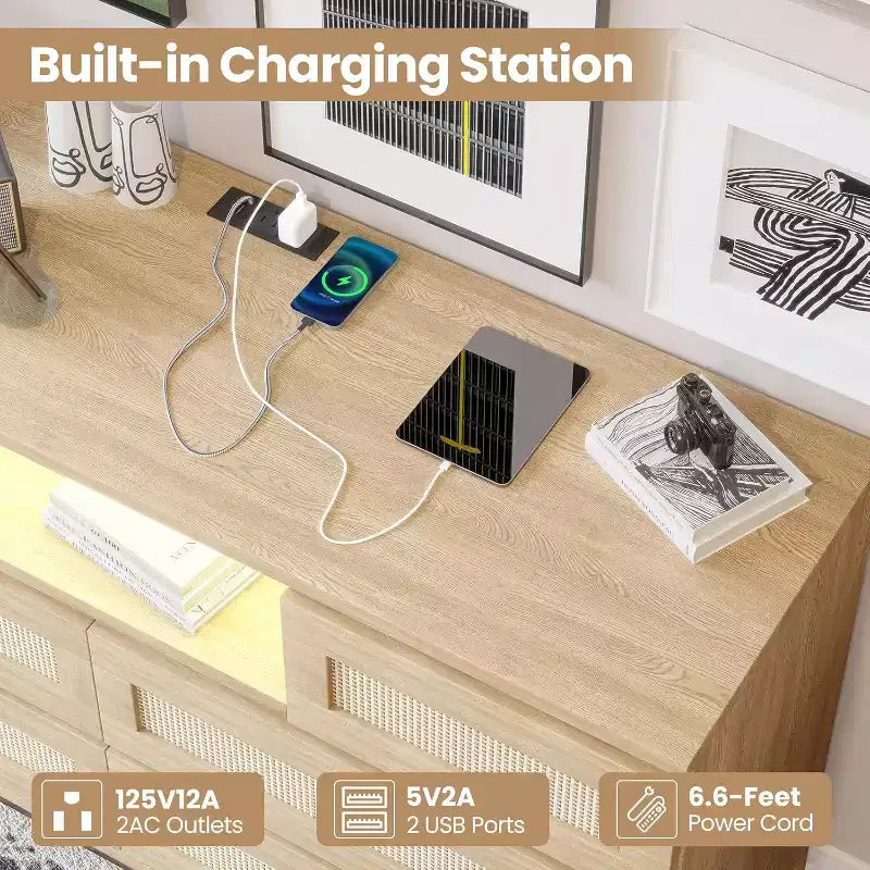 CuisinSmart Commode Moderne en Rotin, Commode LED avec Station de Charge, Commodes et Tiroirs en Bois avec 6 Tiroirs, Meuble TV pour Placard
