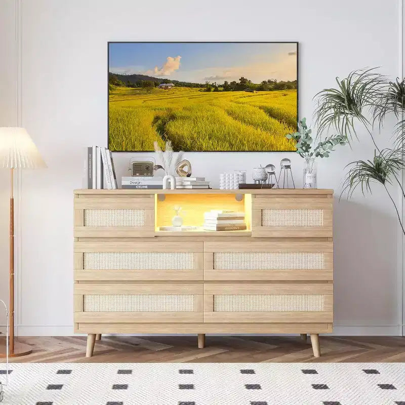CuisinSmart Commode Moderne en Rotin, Commode LED avec Station de Charge, Commodes et Tiroirs en Bois avec 6 Tiroirs, Meuble TV pour Placard