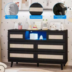 CuisinSmart Commode Moderne en Rotin, Commode LED avec Station de Charge, Commodes et Tiroirs en Bois avec 6 Tiroirs, Meuble TV pour Placard
