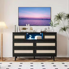 CuisinSmart Commode Moderne en Rotin, Commode LED avec Station de Charge, Commodes et Tiroirs en Bois avec 6 Tiroirs, Meuble TV pour Placard