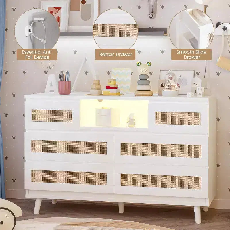 CuisinSmart Commode Moderne en Rotin, Commode LED avec Station de Charge, Commodes et Tiroirs en Bois avec 6 Tiroirs, Meuble TV pour Placard