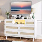 CuisinSmart Commode Moderne en Rotin, Commode LED avec Station de Charge, Commodes et Tiroirs en Bois avec 6 Tiroirs, Meuble TV pour Placard