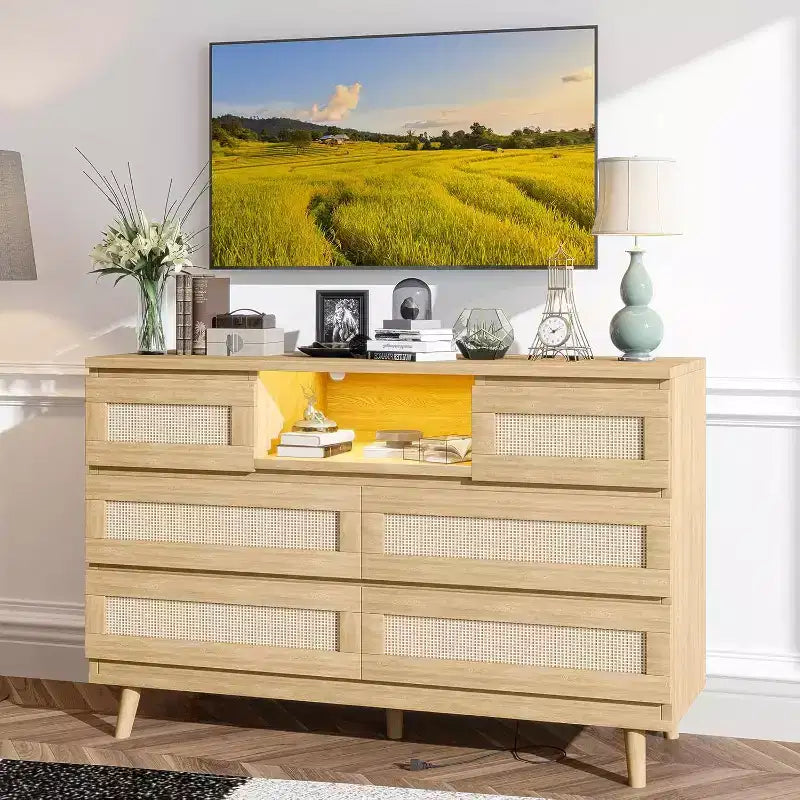CuisinSmart Commode Moderne en Rotin, Commode LED avec Station de Charge, Commodes et Tiroirs en Bois avec 6 Tiroirs, Meuble TV pour Placard