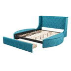 Lit plateforme rembourré grand format avec rangement, velours, tête de lit à oreilles et 1 grand tiroir, 2 tabourets de rangement latéraux (bleu)