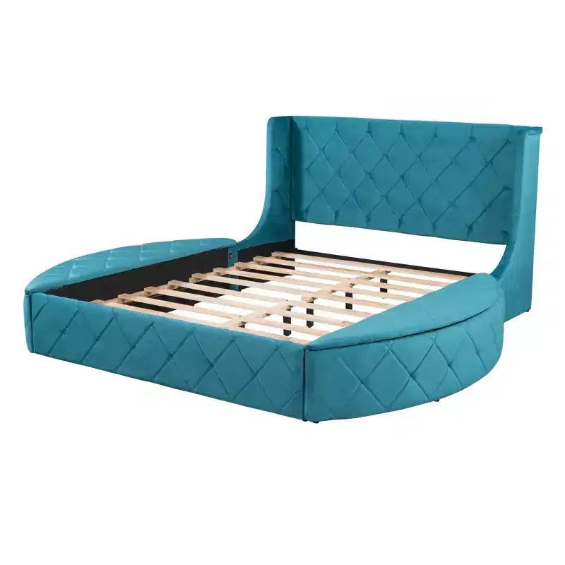 Lit plateforme rembourré grand format avec rangement, velours, tête de lit à oreilles et 1 grand tiroir, 2 tabourets de rangement latéraux (bleu)