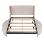 Lit plateforme rembourré grand format avec rangement, velours, tête de lit à oreilles et 1 grand tiroir, 2 tabourets de rangement latéraux (bleu)