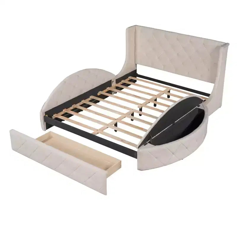 Lit plateforme rembourré grand format avec rangement, velours, tête de lit à oreilles et 1 grand tiroir, 2 tabourets de rangement latéraux (bleu)
