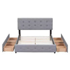 Lit plateforme capitonné avec tête de lit classique et 4 tiroirs - Aucun sommier requis - Tissu en lin - Grand lit (Queen) - Beige