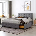 Lit plateforme capitonné avec tête de lit classique et 4 tiroirs - Aucun sommier requis - Tissu en lin - Grand lit (Queen) - Beige