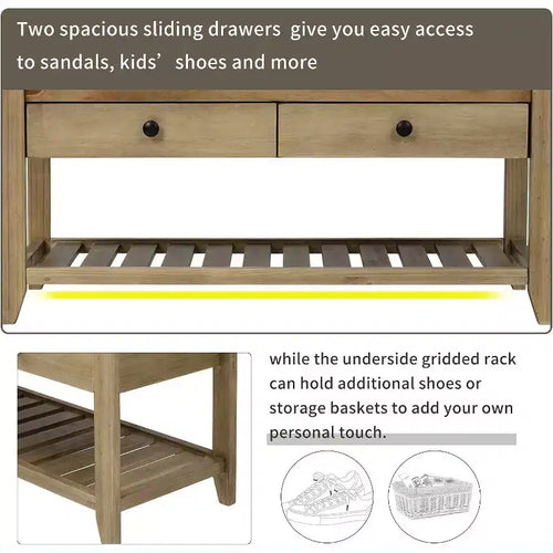 Banc de rangement de ferme Acekool 35,4" avec coussin, banc d'entrée à 2 niveaux avec étagère et 2 tiroirs pour chambre, couloir, salon, finition gris délavé