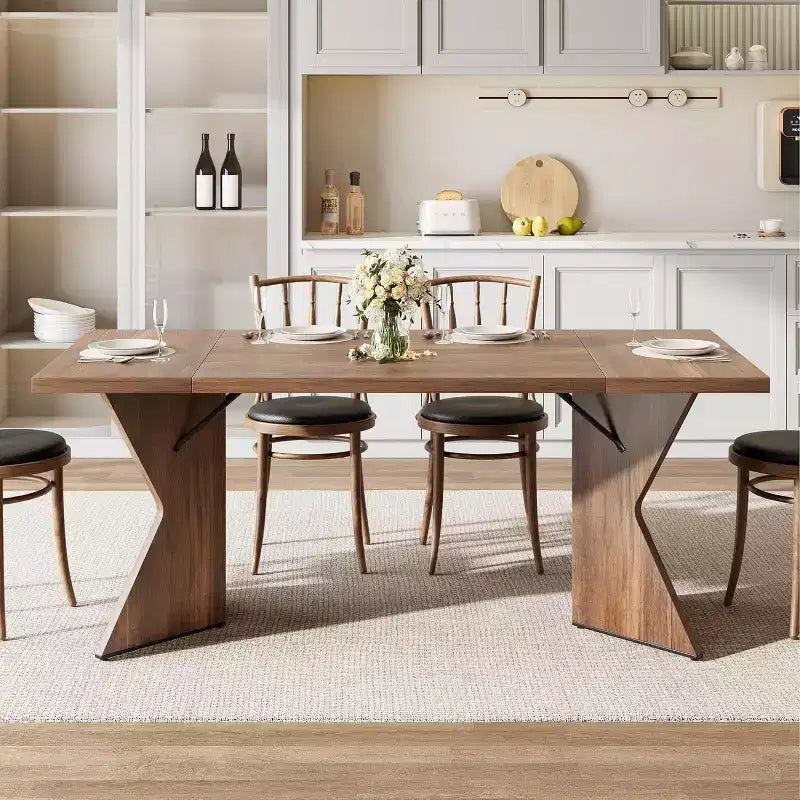 Table de salle à manger CuisinSmart 70,9 pouces pour 6 personnes, table de cuisine rectangulaire de style ferme avec cadre robuste et pieds en V, bureau épais en bois