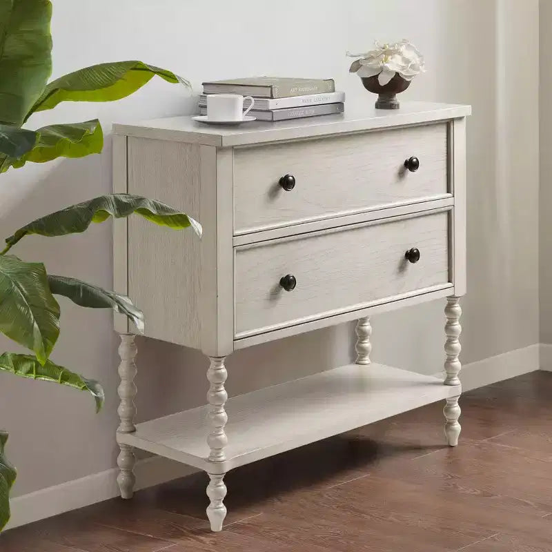 Table de chevet/d'appoint en bois massif Okak Farmhouse avec 2 tiroirs et étagère, pour salon