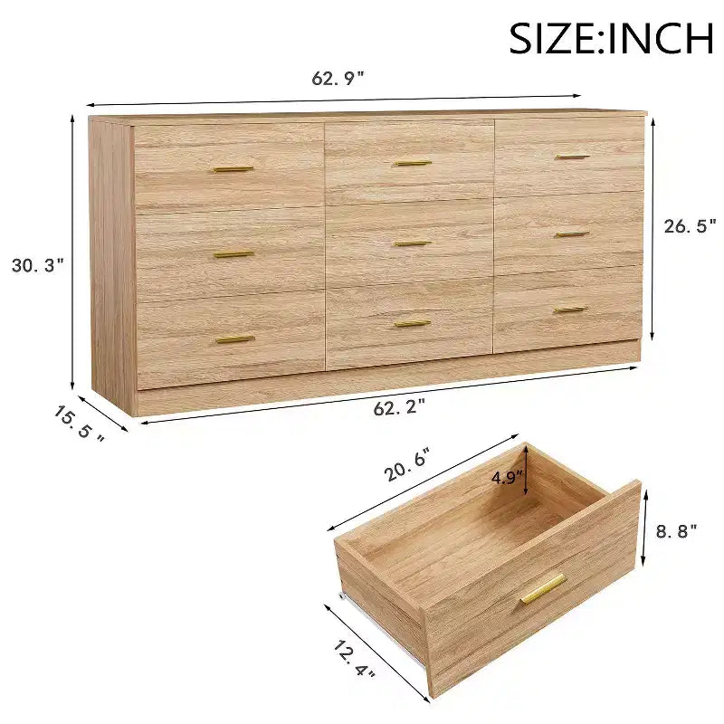 Commode moderne Okak à 8/9 tiroirs avec poignées dorées, grand meuble de rangement pour chambre ou salon