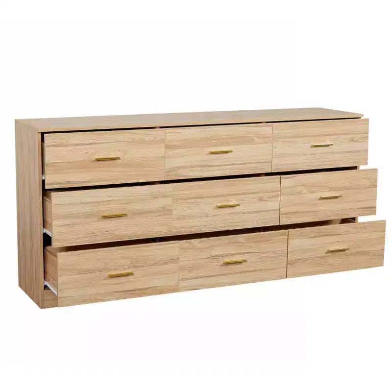Commode moderne Okak à 8/9 tiroirs avec poignées dorées, grand meuble de rangement pour chambre ou salon
