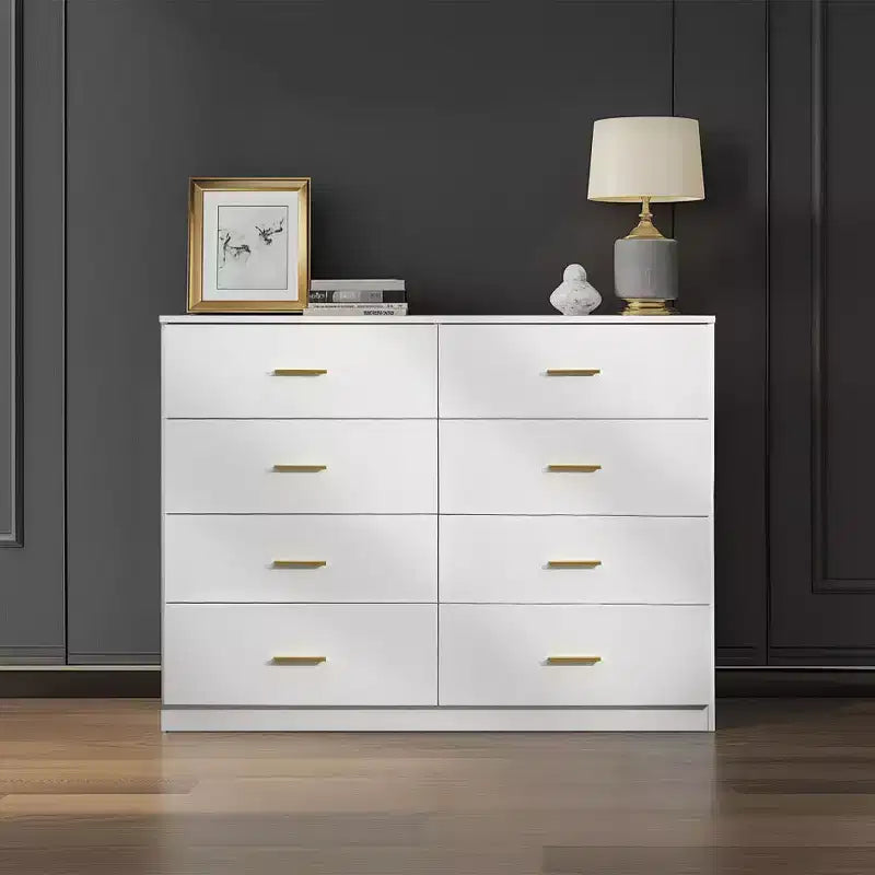 Commode moderne Okak à 8/9 tiroirs avec poignées dorées, grand meuble de rangement pour chambre ou salon