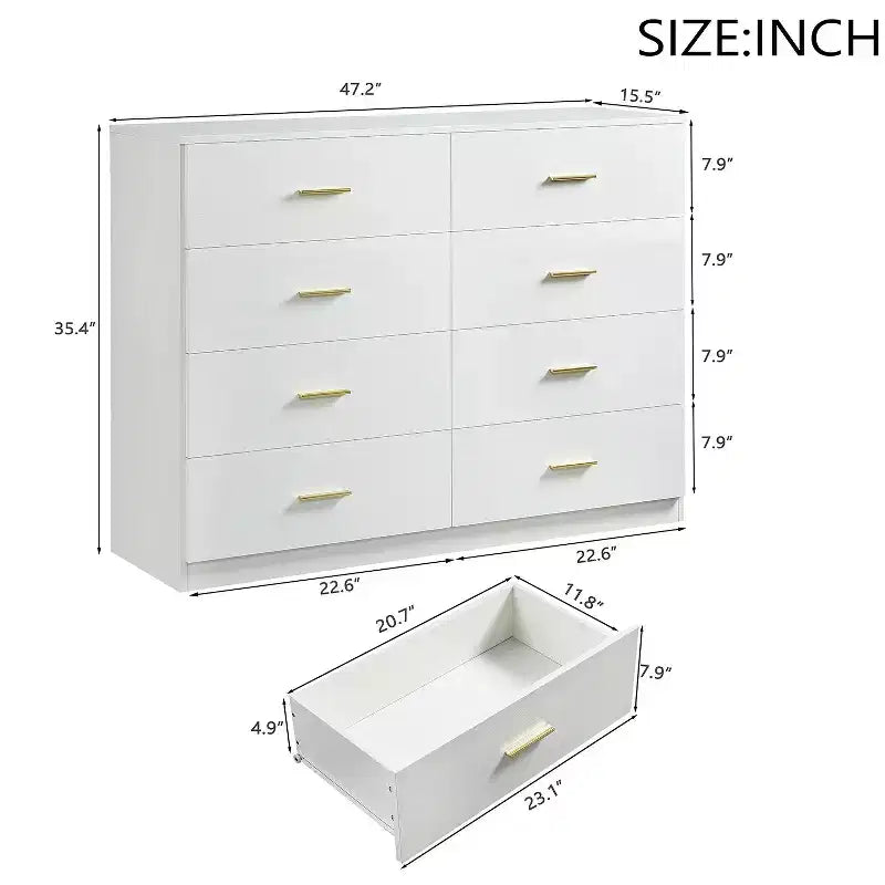 Commode moderne Okak à 8/9 tiroirs avec poignées dorées, grand meuble de rangement pour chambre ou salon