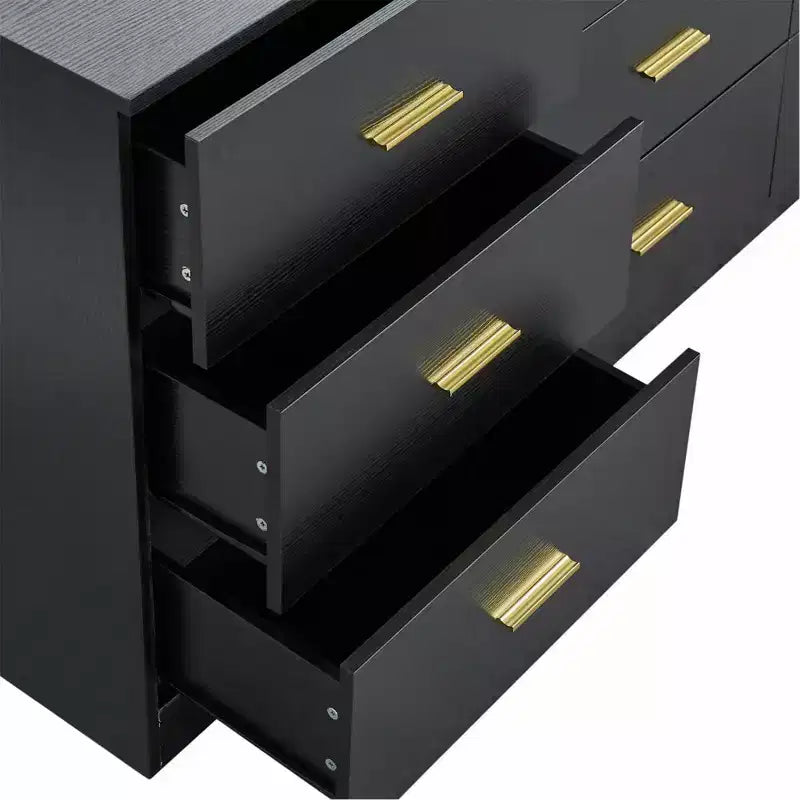 Commode moderne Okak à 8/9 tiroirs avec poignées dorées, grand meuble de rangement pour chambre ou salon