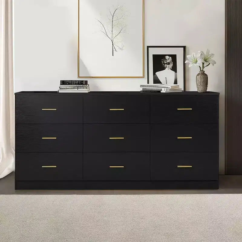 Commode moderne Okak à 8/9 tiroirs avec poignées dorées, grand meuble de rangement pour chambre ou salon