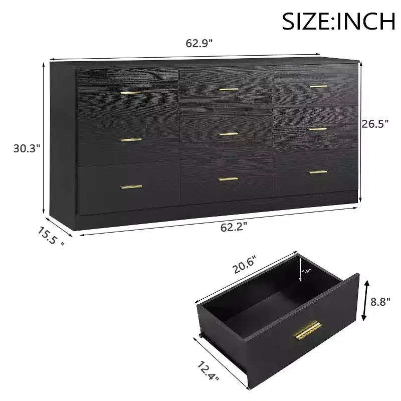 Commode moderne Okak à 8/9 tiroirs avec poignées dorées, grand meuble de rangement pour chambre ou salon