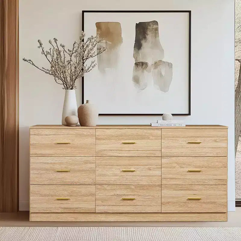 Commode moderne Okak à 8/9 tiroirs avec poignées dorées, grand meuble de rangement pour chambre ou salon