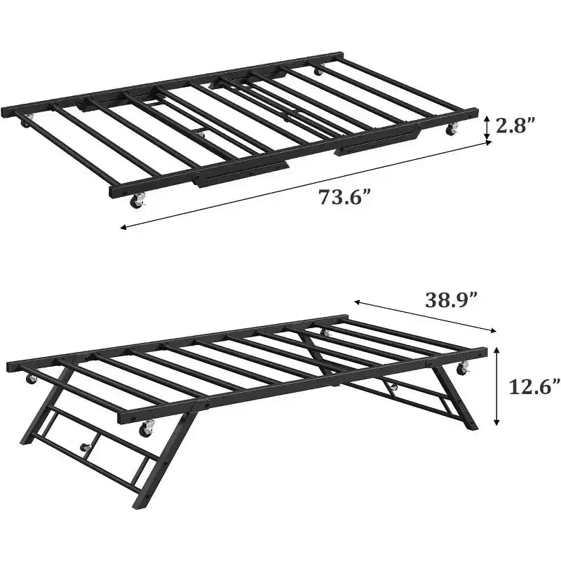 Cadre de lit gigogne double avec roulettes verrouillables, lit de repos pliable en métal, rangement et assemblage faciles