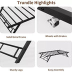 Cadre de lit gigogne double avec roulettes verrouillables, lit de repos pliable en métal, rangement et assemblage faciles