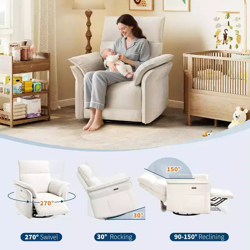 Fauteuil inclinable, fauteuil à bascule pivotant avec ports de chargement USB, fauteuil inclinable en tissu chenille rembourré avec accoudoirs à double couche