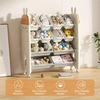 Organisateur de rangement de jouets pour enfants avec 12 bacs roulants en plastique sans BPA, étagère de salle de jeux à 4 niveaux