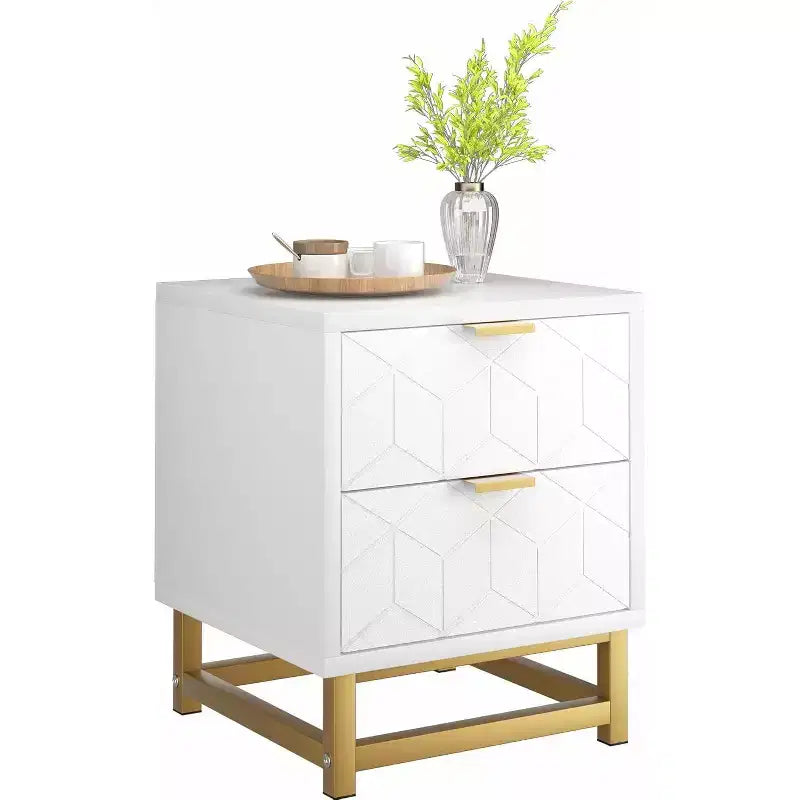 Modern 2-Drawer Nightstand - Wooden Bedside Table w/Metal Legs, Large Storage End Table for Bedroom