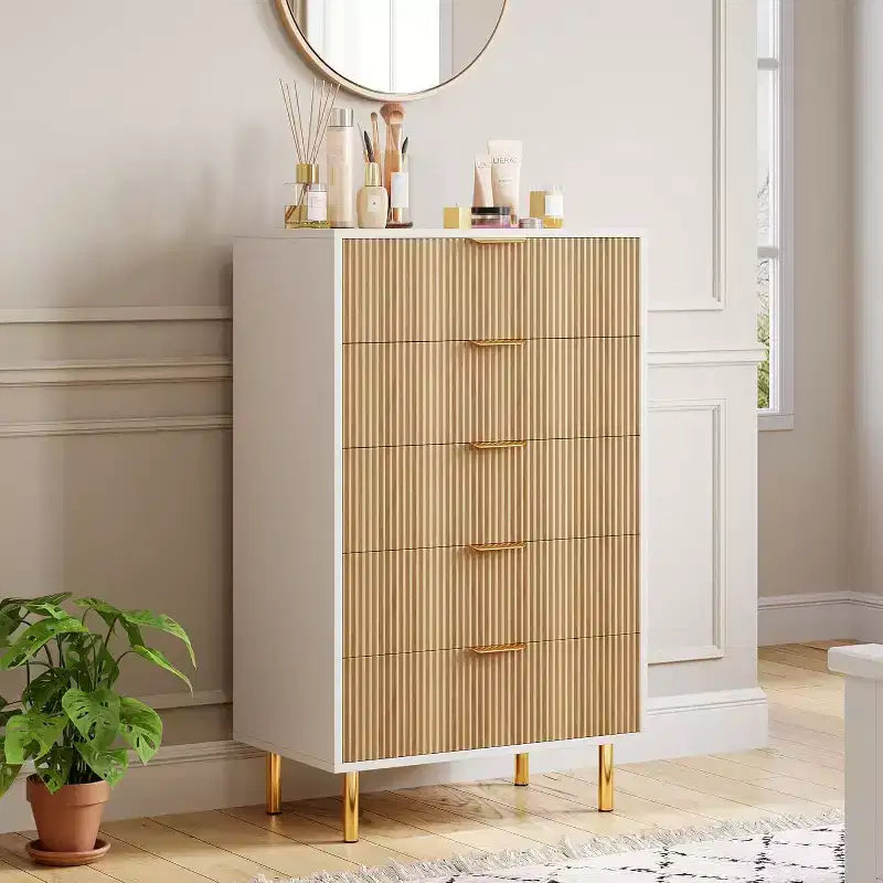 Commode moderne à 5 tiroirs avec poignées dorées - Grand meuble de rangement pour chambre, salon et entrée