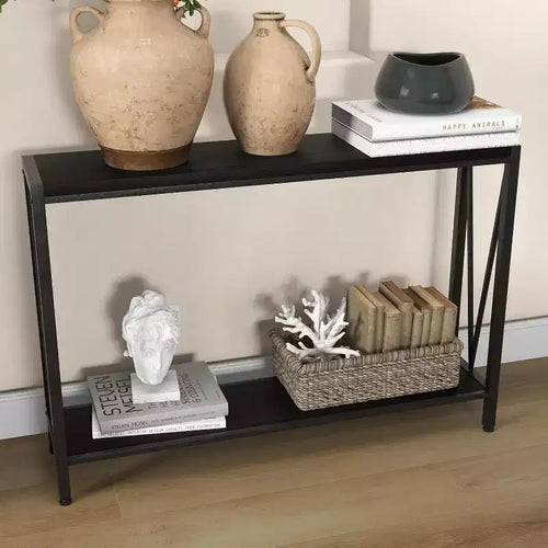 Acekool Industrial Console Table with V-Design, 2-Tier Entryway Sofa Table for Living Room & Hallway, Space-Saving Storage