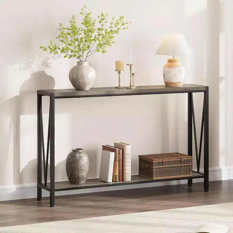 Table Console Industrielle Acekool avec Conception en V, Table d'Entrée/Canapé à 2 Niveaux pour Salon et Couloir, Rangement Peu Encombrant