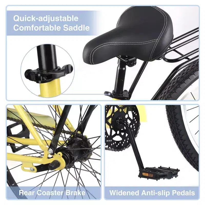 NAYSAYE Vélo de plage à vitesse unique 26 pouces pour femmes, cadre en acier, pour des balades décontractées, jaune, 69,29*25,98*39,37