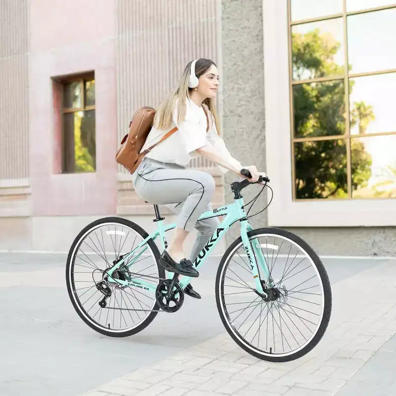 NAYSAYE Vélo hybride 7 vitesses Cadre en aluminium Double freins à disque pour les aventures en ville, Vert, 64,57*25,19*37,79