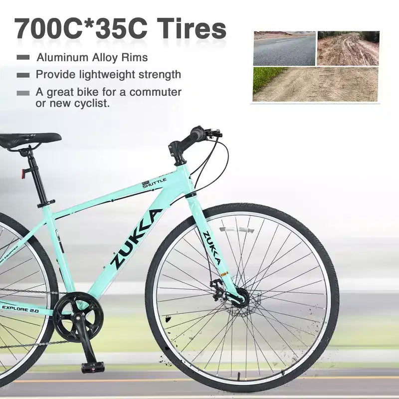 NAYSAYE Vélo hybride 7 vitesses Cadre en aluminium Double freins à disque pour les aventures en ville, Vert, 64,57*25,19*37,79