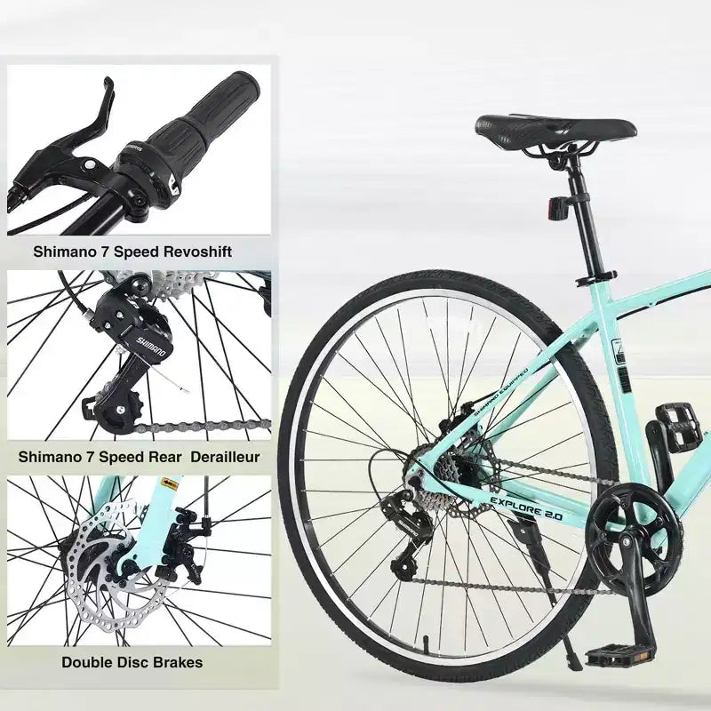 NAYSAYE Vélo hybride 7 vitesses Cadre en aluminium Double freins à disque pour les aventures en ville, Vert, 64,57*25,19*37,79